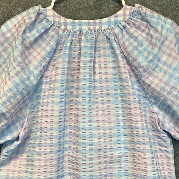 NWT LOFT Large Petite Blouse Puff Sleeve Gingham Pastel Blue Pink LP Tie Spring - Picture 14 of 16